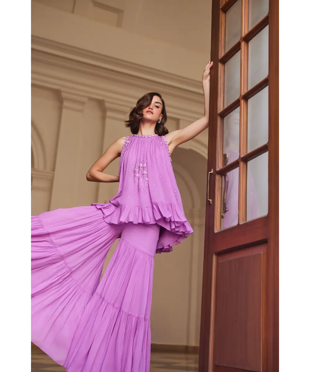 SANYA GULATI- Bubblegum Pink Halterneck Top Sharara